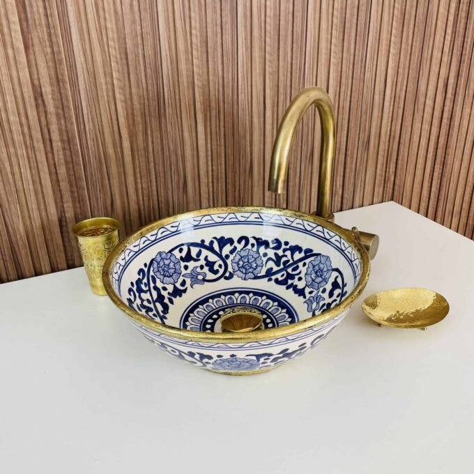 Handcrafted Ceramic Sink with Elegant Brass Edge