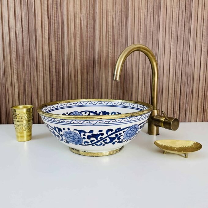 Handcrafted Ceramic Sink with Elegant Brass Edge