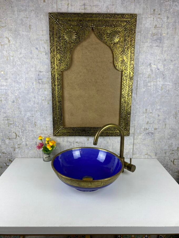 Moroccan Sink with Brass Edge Uni Color Blue Sink