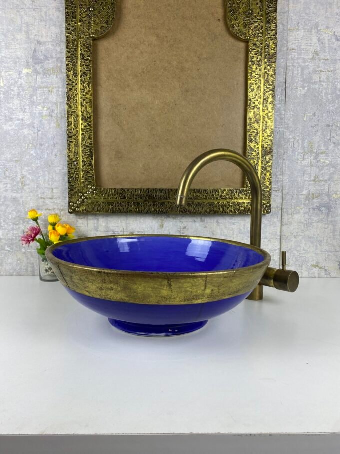Moroccan Sink with Brass Edge Uni Color Blue Sink