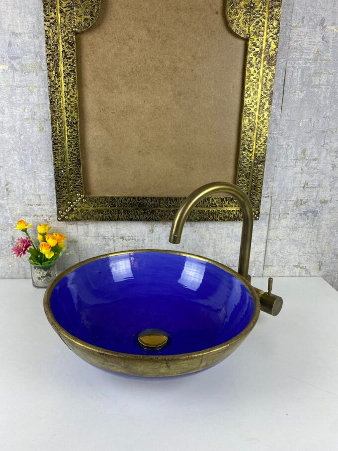 Moroccan Sink with Brass Edge Uni Color Blue Sink