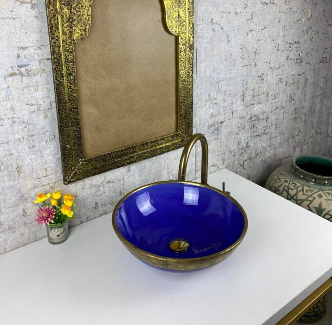 Moroccan Sink with Brass Edge Uni Color Blue Sink