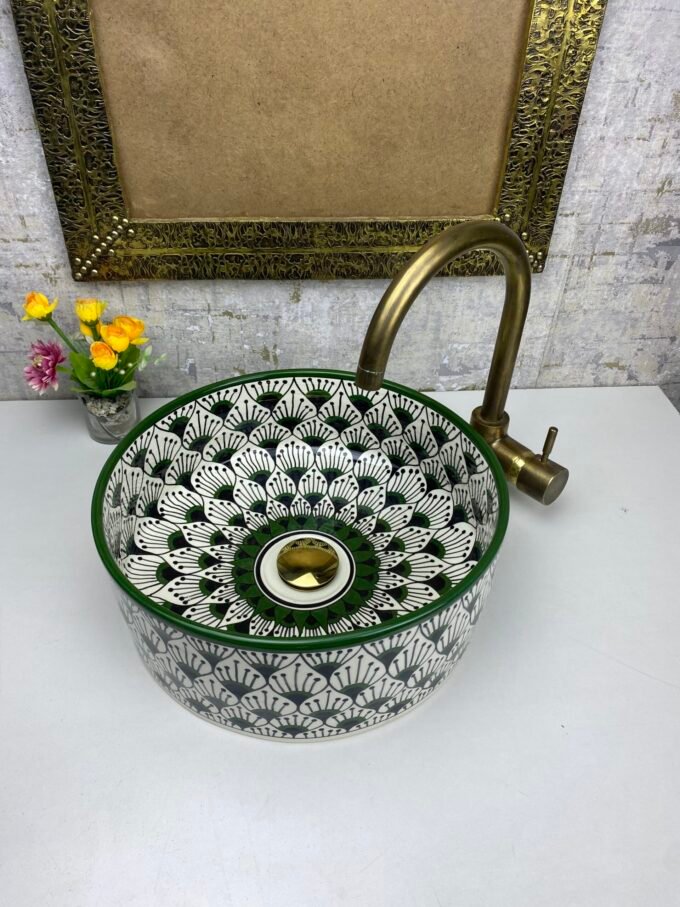 Green Ceramic Sink Hand-Painted Bathroom Bowl