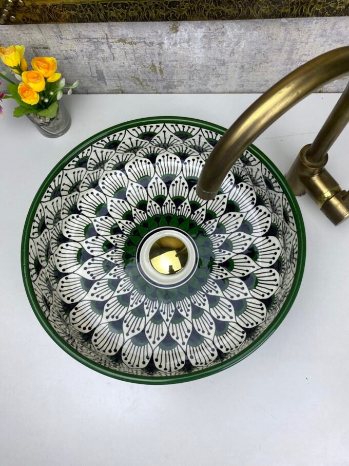 Green Ceramic Sink Hand-Painted Bathroom Bowl
