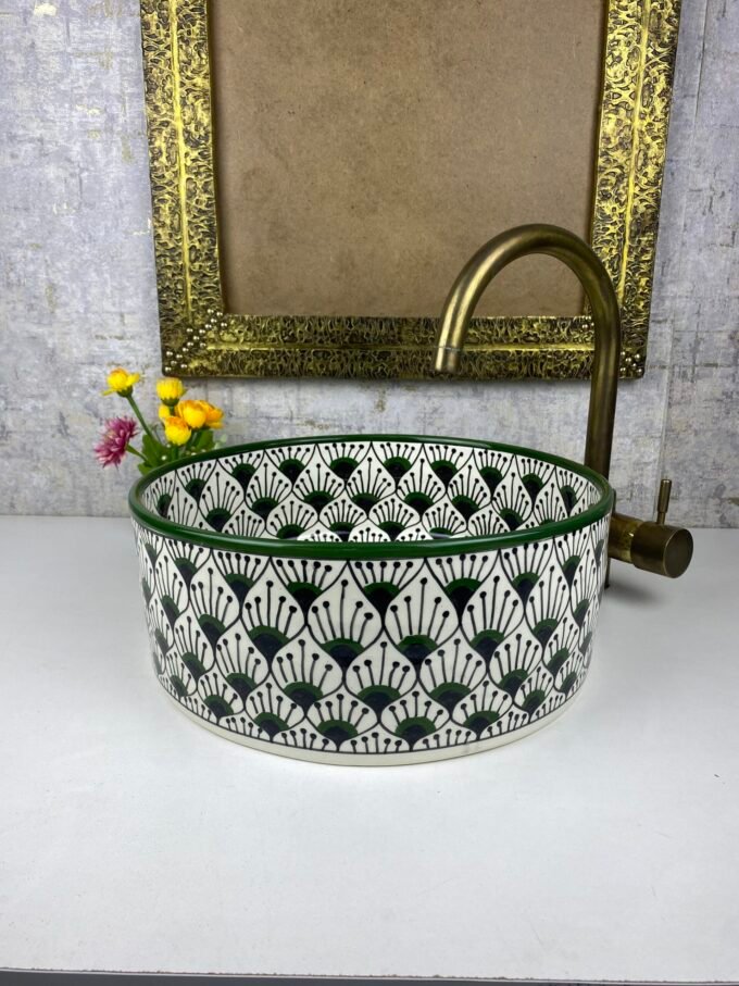 Green Ceramic Sink Hand-Painted Bathroom Bowl
