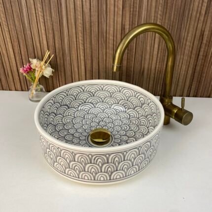 Farmhouse Gray Hand-painted Moroccan Ceramic Bowl Sink
